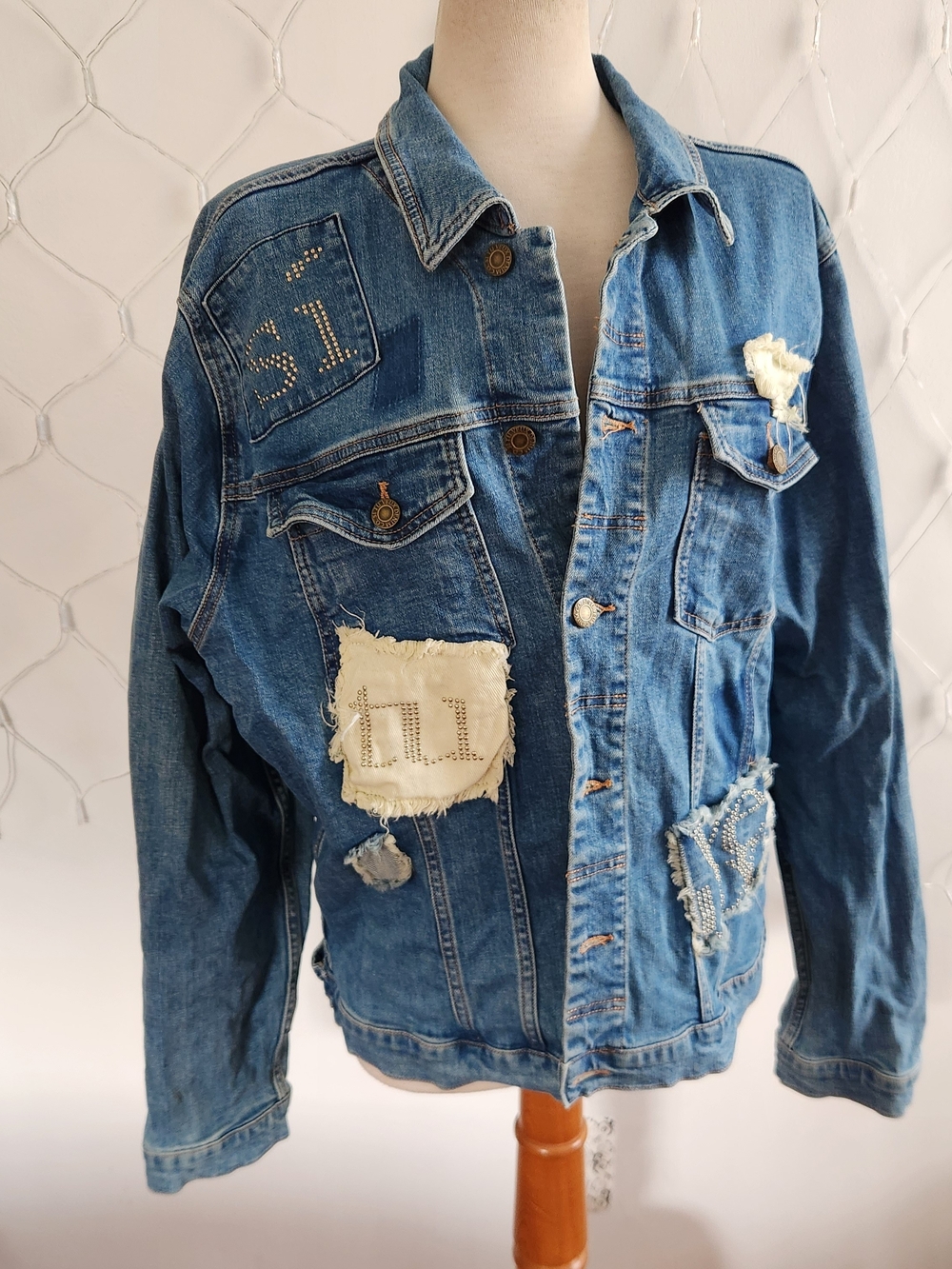 Si Tu Veux Distressed Embellished Blue Denim Jacket • Size XXL